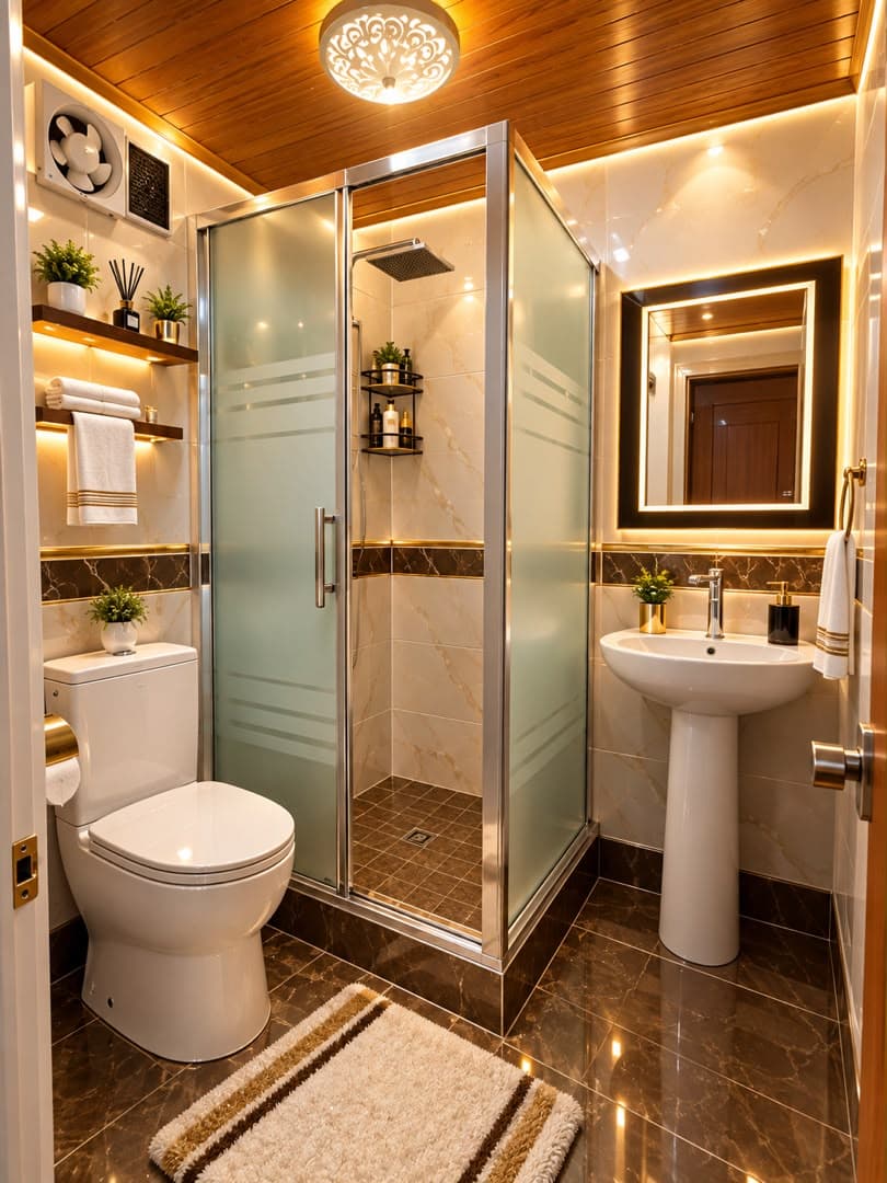 An en-suite bathroom with a glass shower, pedestal basin and marble tiles