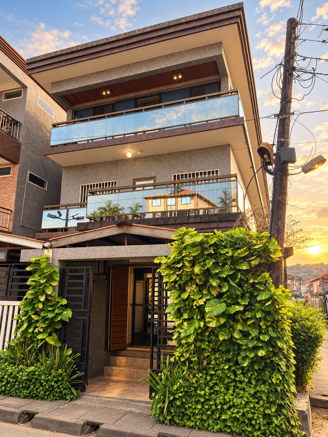 The front of JC Guest House at sunset with glass balconies and greenery at the entrance