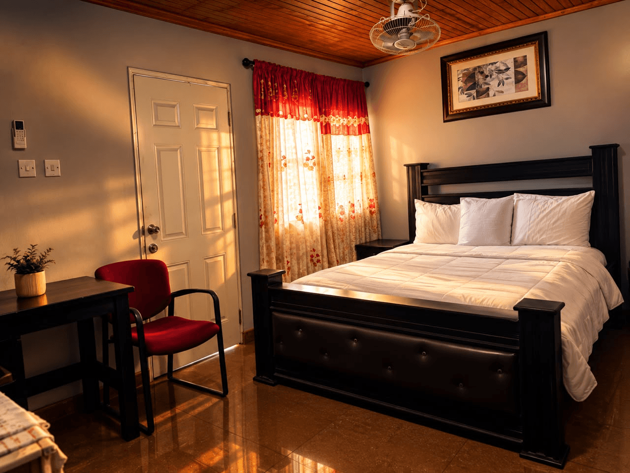 Maryland room with a dark wooden bed, red curtains, desk, and red chair at JC Guest House