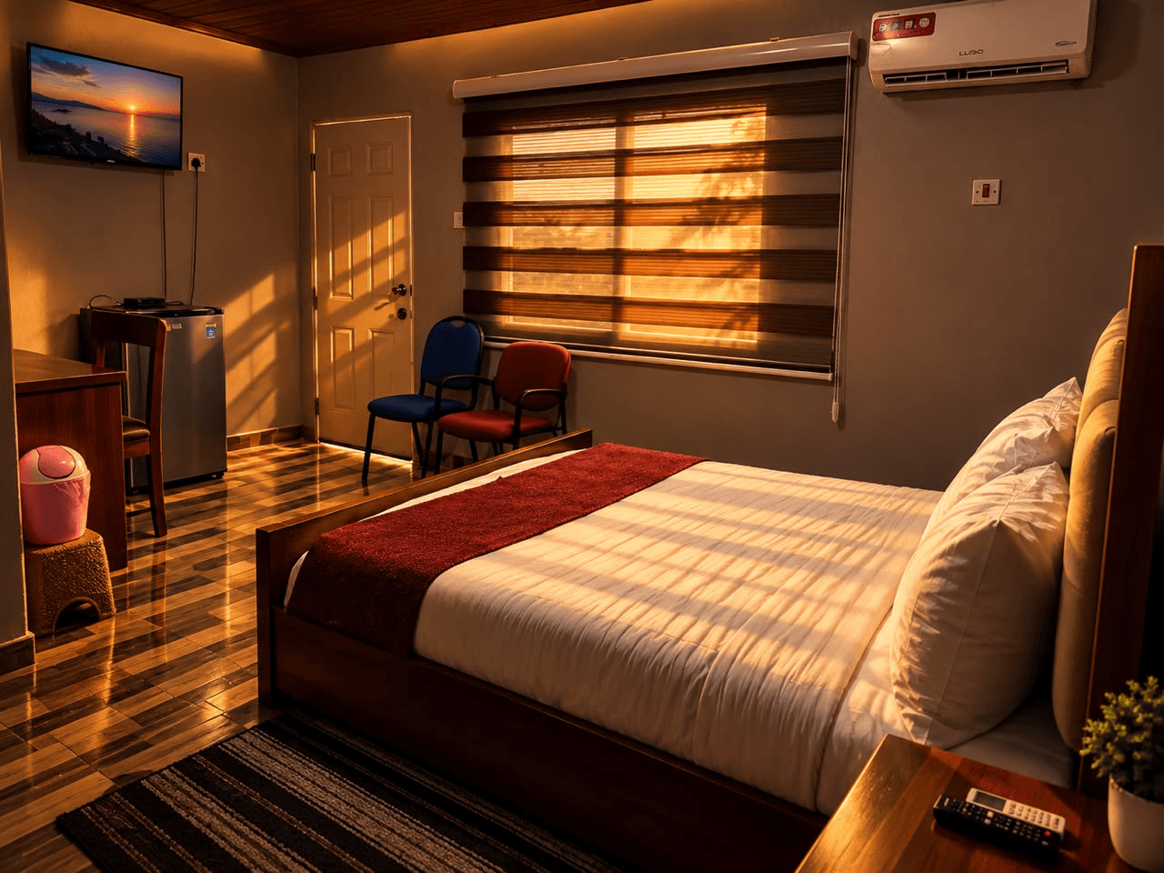 Massachusetts room with a wooden bed, red bed runner, window blinds, and seating at JC Guest House