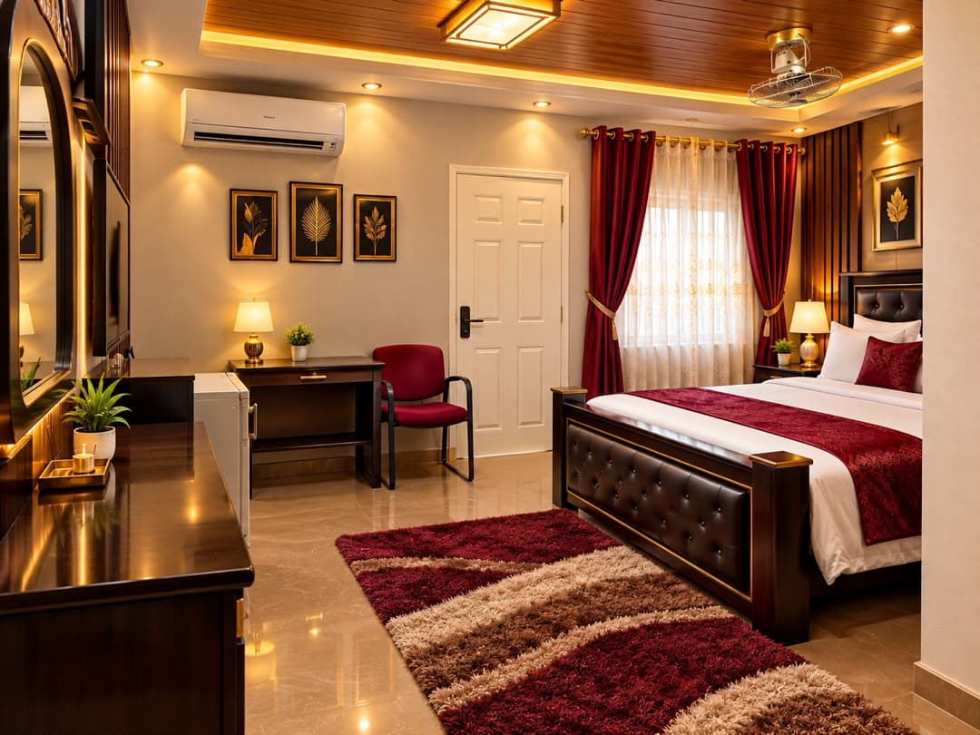 A double room with a work desk, red chair, mini fridge and dressing table