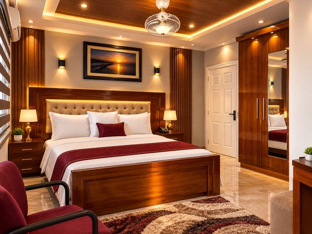 A double room with a king bed, tufted headboard, wardrobe and warm ceiling lighting