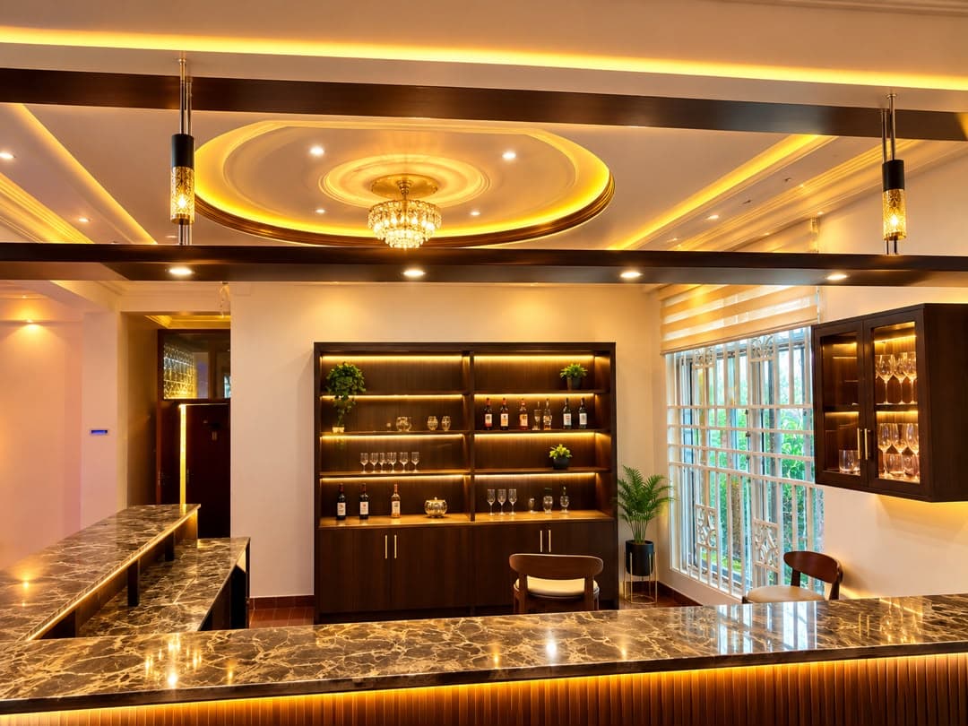 The Banquet Hall bar with a marble counter, backlit shelves of glassware and a crystal chandelier