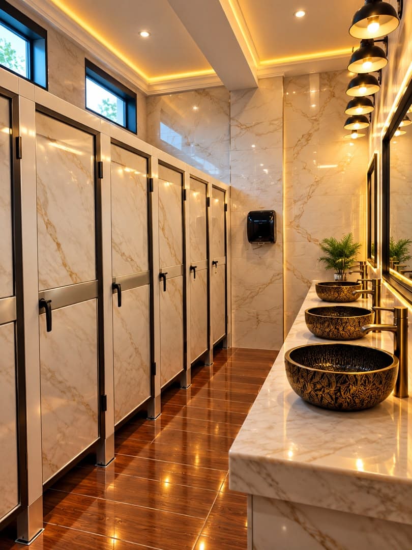 The Banquet Hall restrooms with marble cubicles, brass basins and warm lighting